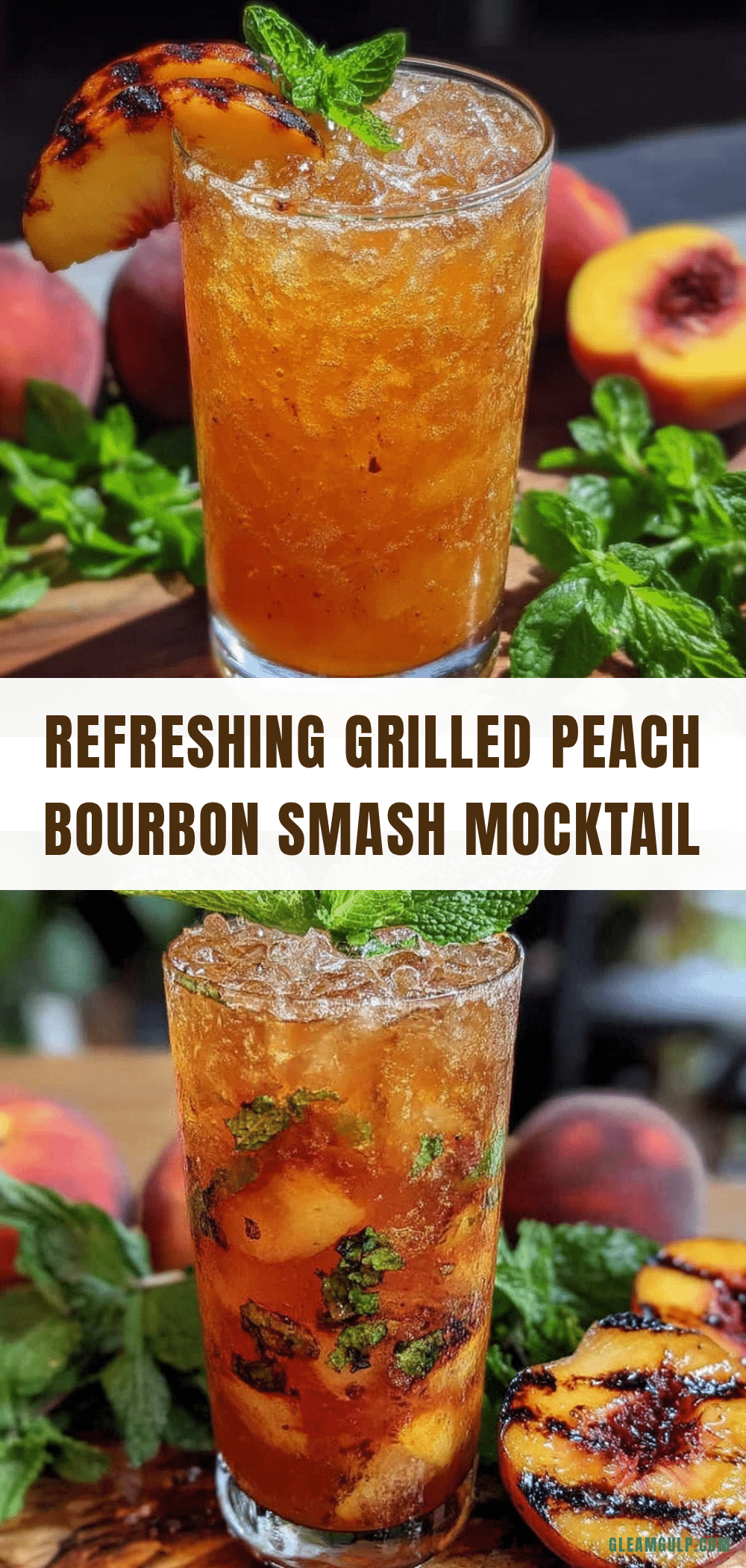 Grilled Peach Bourbon Smash Mocktail recipe